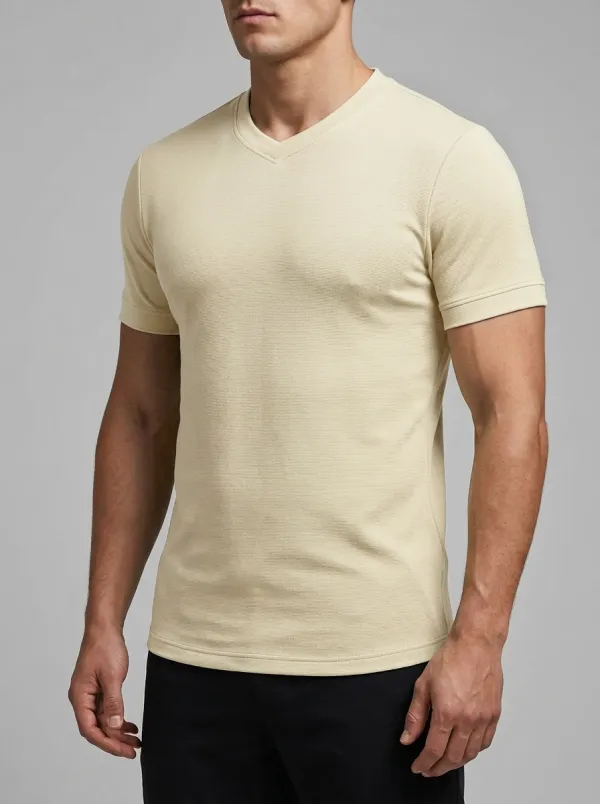 Streamlined Ribbed Textured V-Neck Profile Men's Slim Fit Short Sleeve T-Shirt