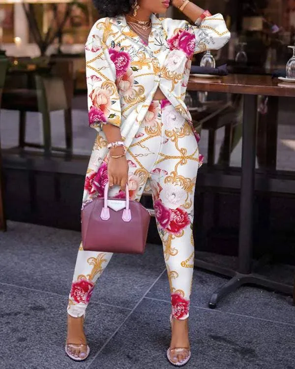 Print Lantern Sleeve Top High Waist Pants Set