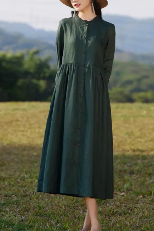 Linen Ruffle Ruffle Neck Long Sleeve Midi Dress