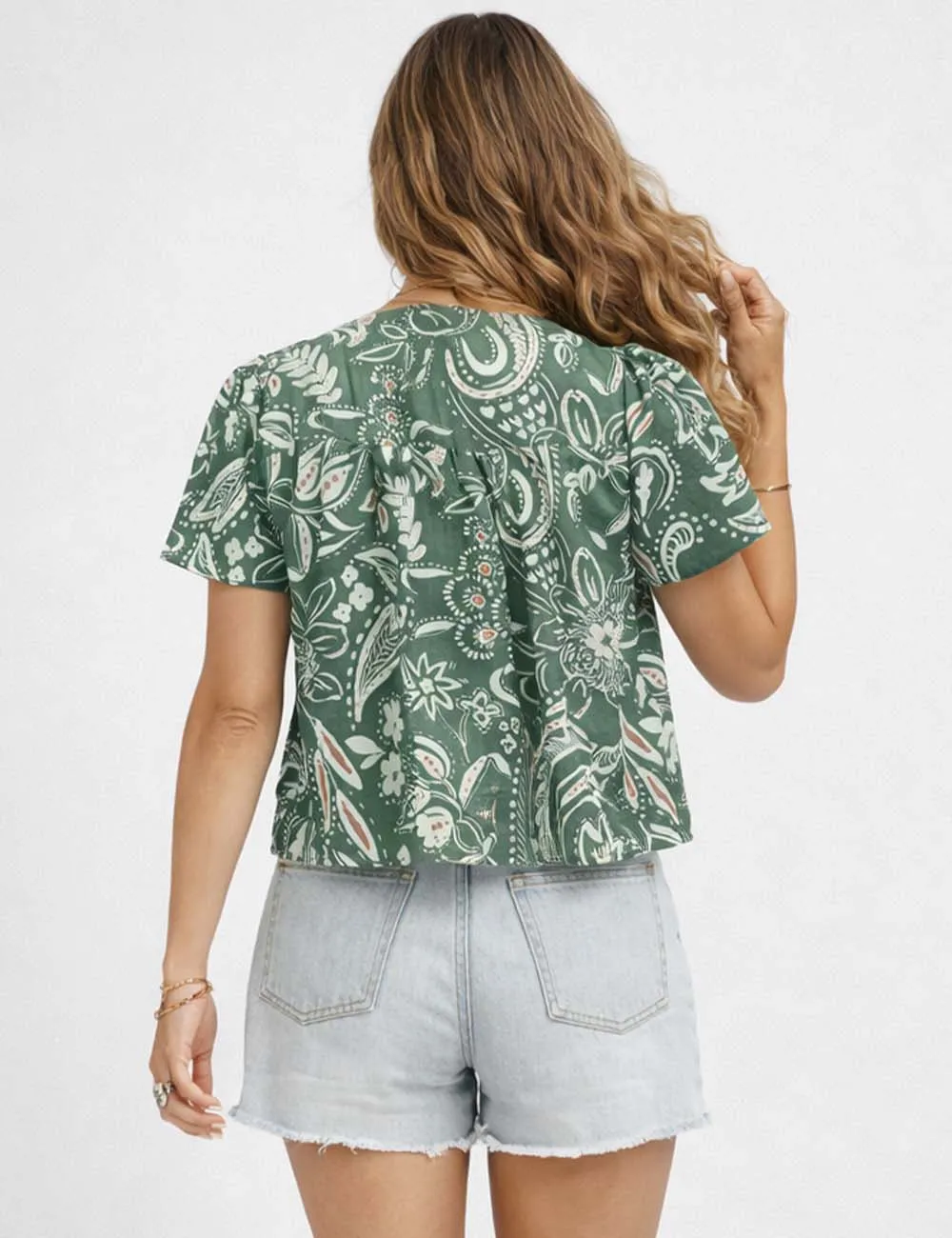 Paisley Round Neck Short Sleeves Babydoll Blouse