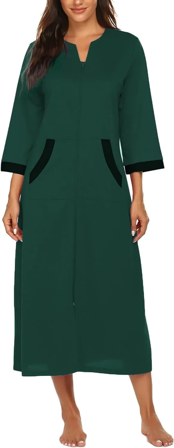 50% OFF Women Zipper Robe 3/4 Sleeves Loungewear Dress Full Length Sleepwear Pockets Housecoat Nightgown Long Bathrobe