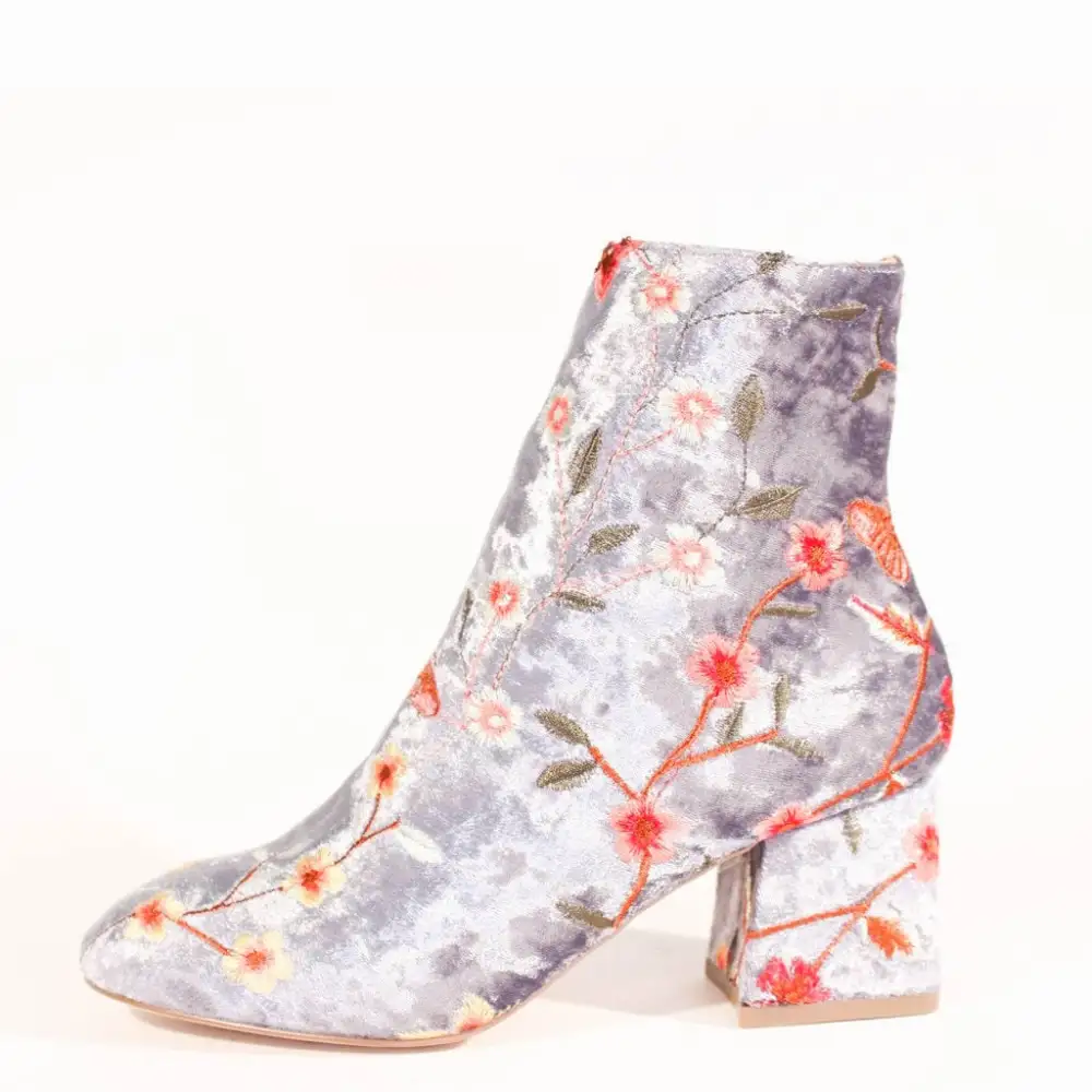 Velvet Embroidered Heel Ankle Boots