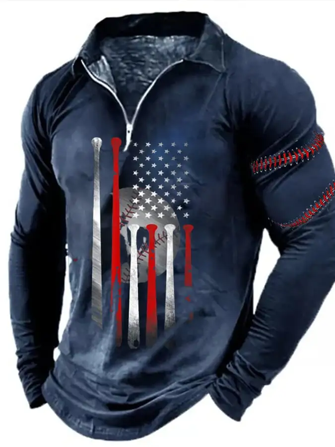 Men'S Baseball Print Lapel Zip Long Sleeve Top