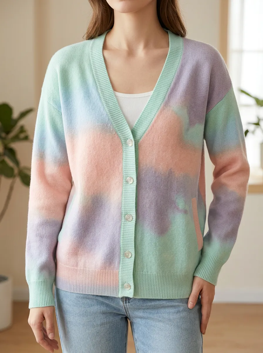 Women's Pastel Tie-Dye Pattern Printed Button Front Versatile Daywear Cardigan