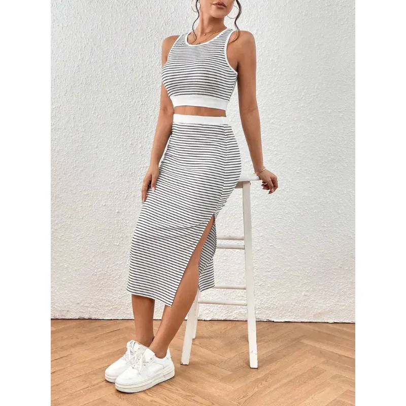 Women's Striped Print Crop Top & Skirt Two-Piece Set