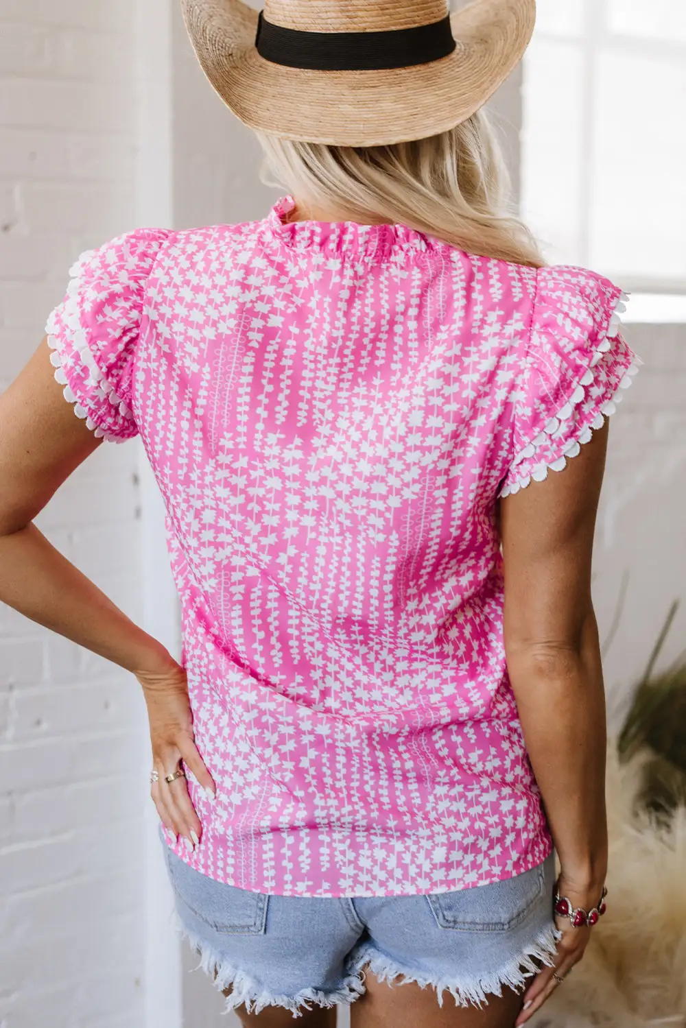 Abstract Print Ruffled V-Neck Blouse