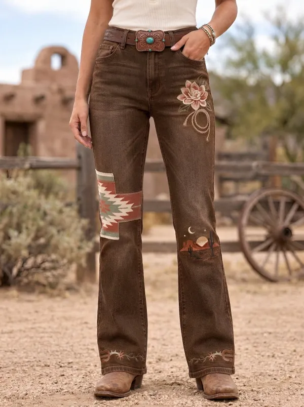 Women's Western Cactus Desert Floral Geometric Jeans