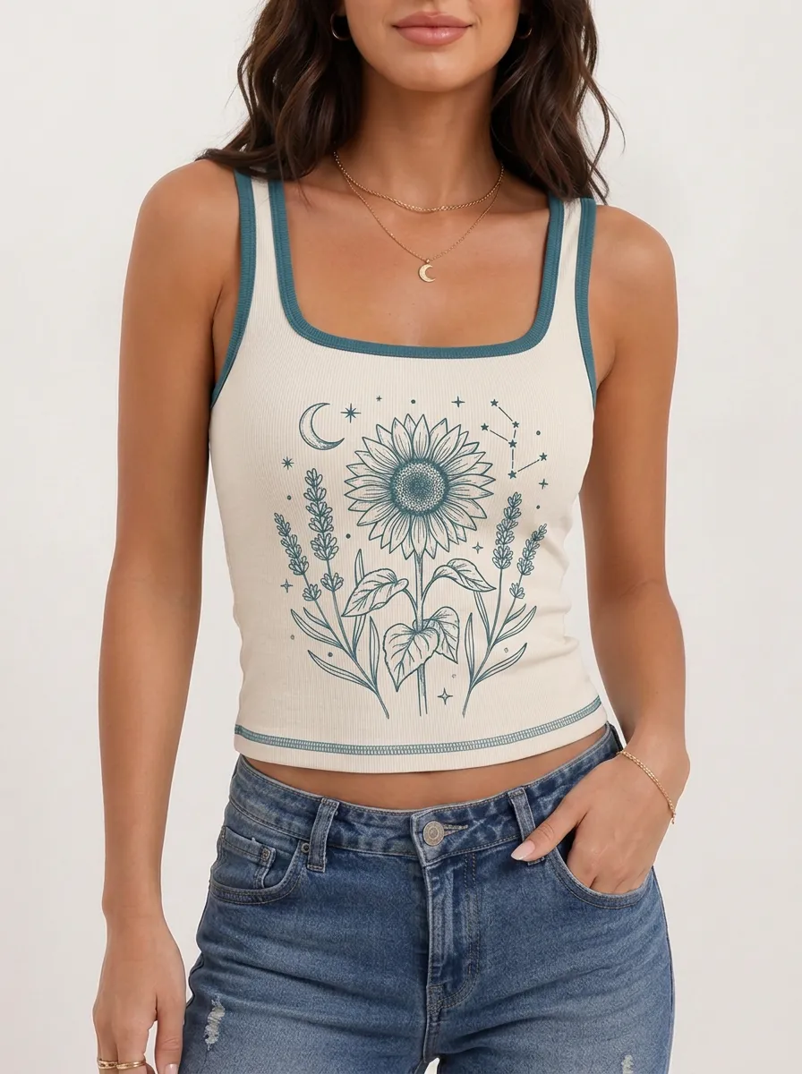 Women's Celestial Sunflower Lavender Printed Ribbed Tank Top
