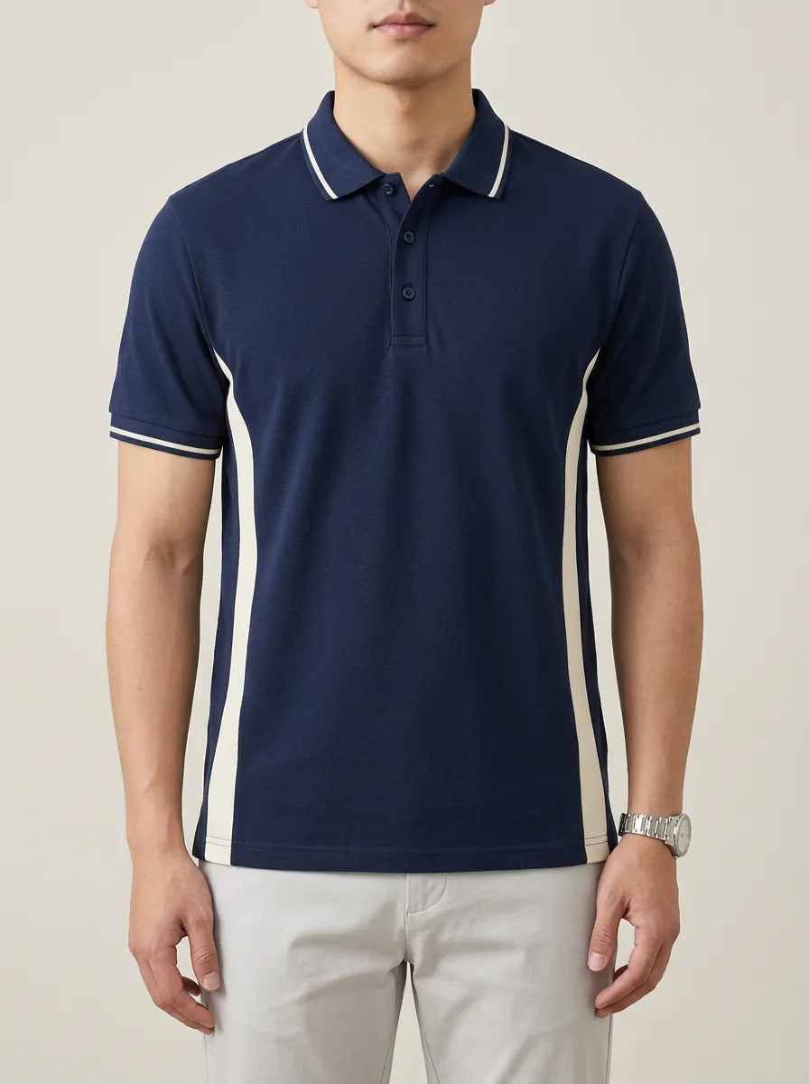 Men's Knit Ribbed Textured Contrast-Panel Polo Shirt