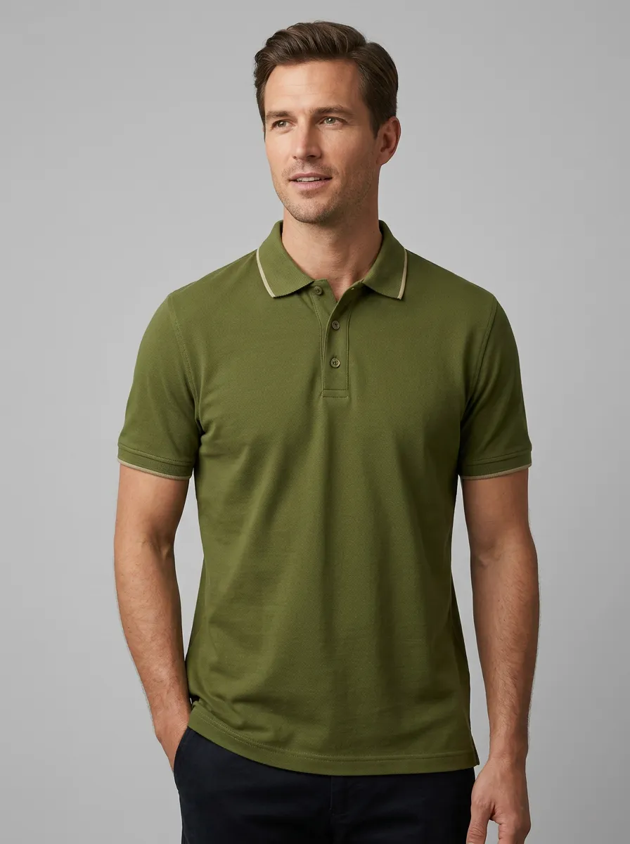 Men's Olive Green Contrast Trim Casual Polo Shirt