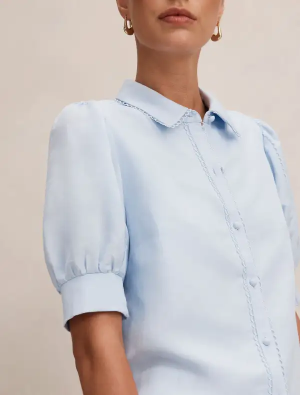 Light Blue Short Sleeve Button-Up Blouse