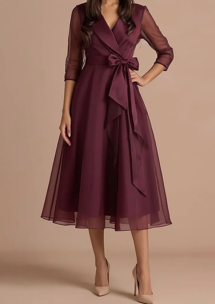 Elegant Draped Shawl Collar Organza Midi Dress