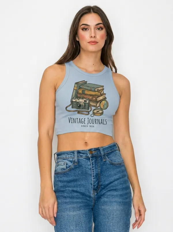 Women's Book Lover Vintage Journals Camera Compass Printed Crop Top