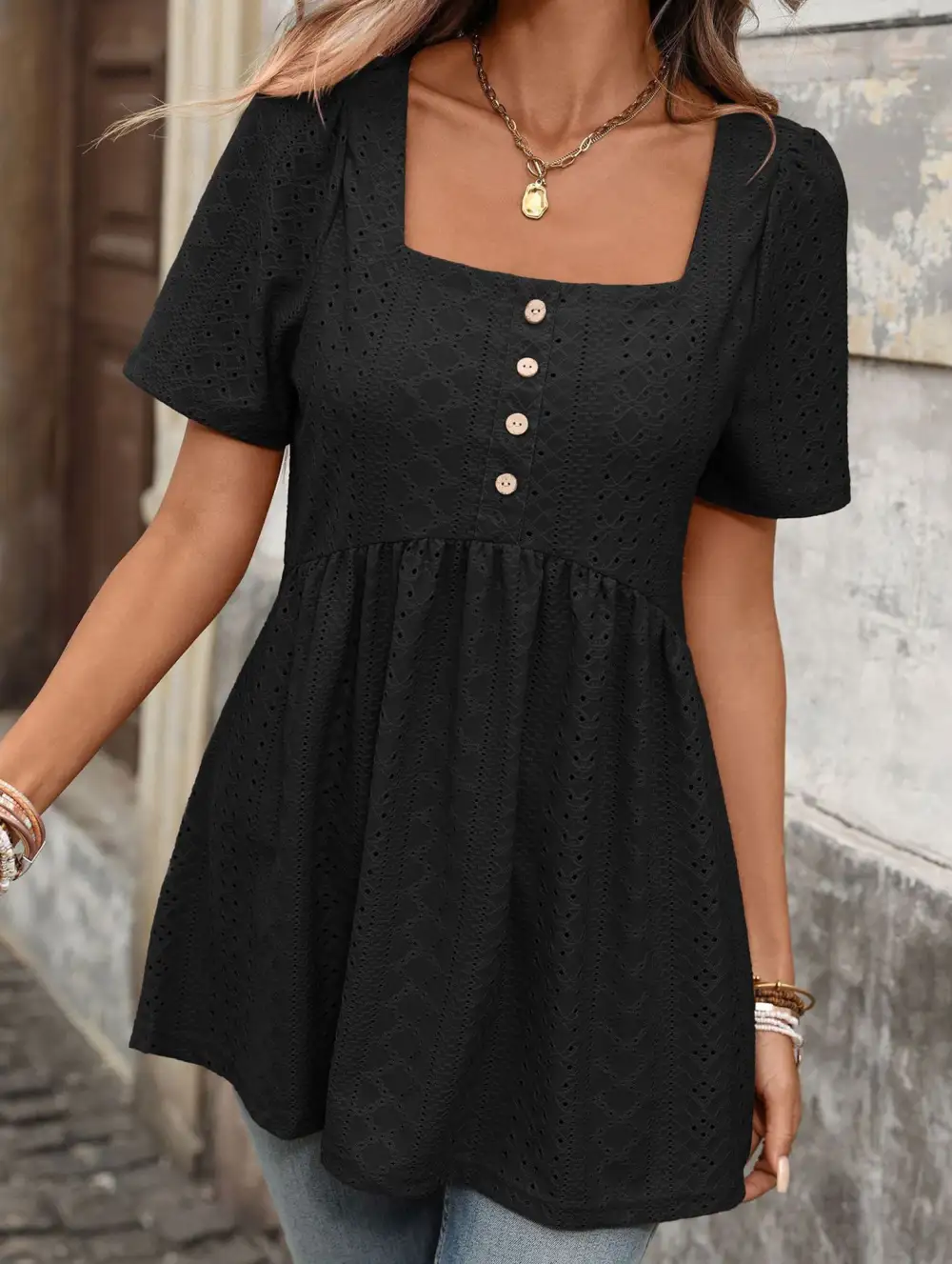 Square Neck Button Loose Tee