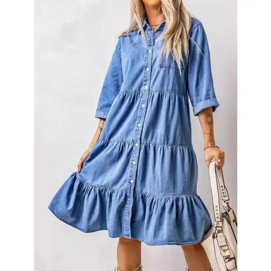 Full Size Ruffled Hem Button Up Midi Dress Plus Size