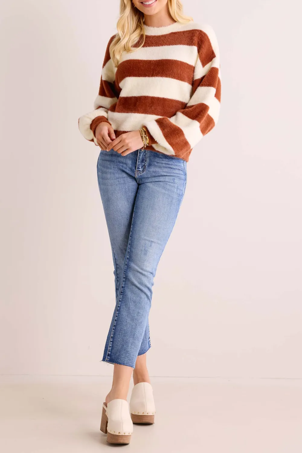 Striped Fuzzy Knit Crew Neck Sweater