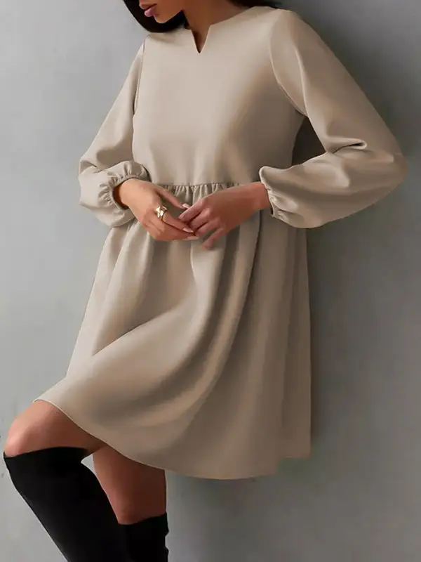 Relaxed Puff Sleeve Elasticity Pleated Solid Color Split Joint Round Neck