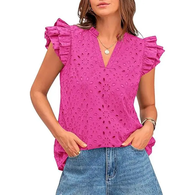 Women Summer Eyelet Tops Dressy Casual V-Neck Ruffle Cap Sleeve Cotton Boho Shirts
