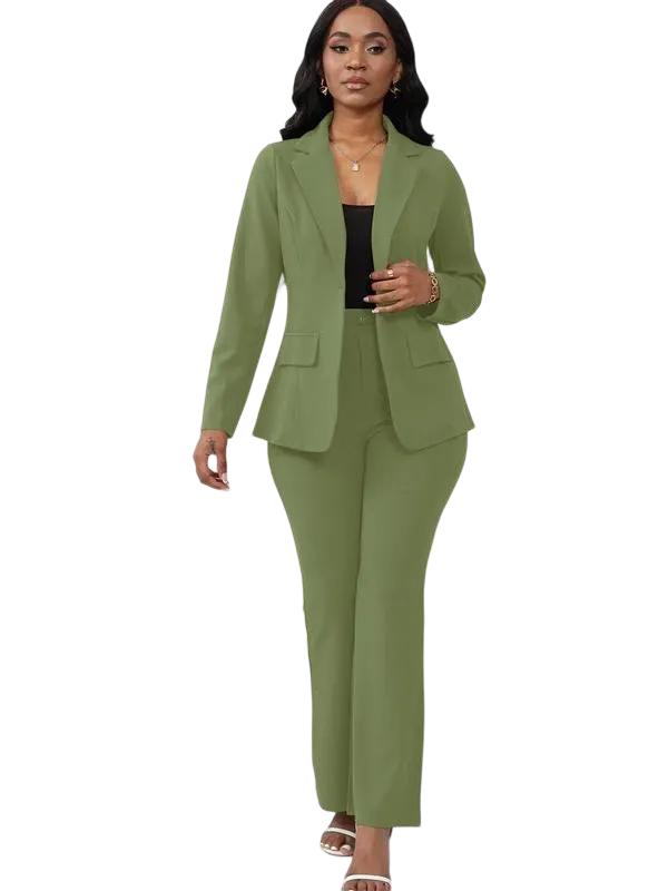 Women's Basic Plain Button Lapel Neck Blazer & Suit Pants