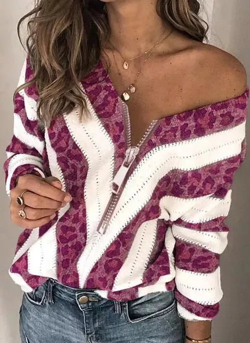 Color Block Leopard V-Neck Casual Sweaters