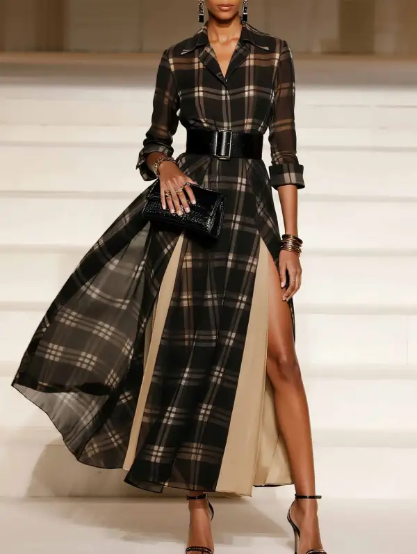 Retro Split Hem Plaid Long Sleeve Dress