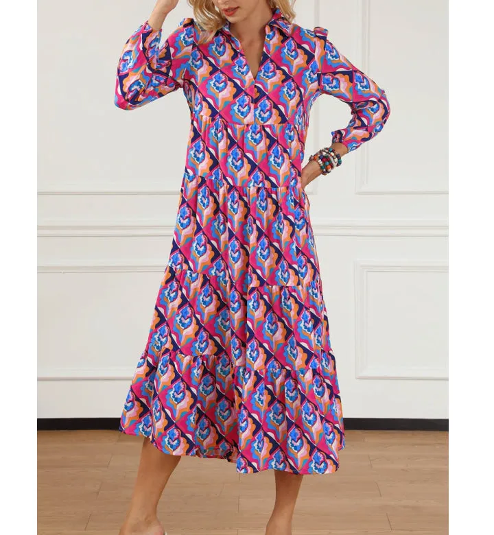 Everyday Printed Collared Neck Long Sleeve Midi Dress