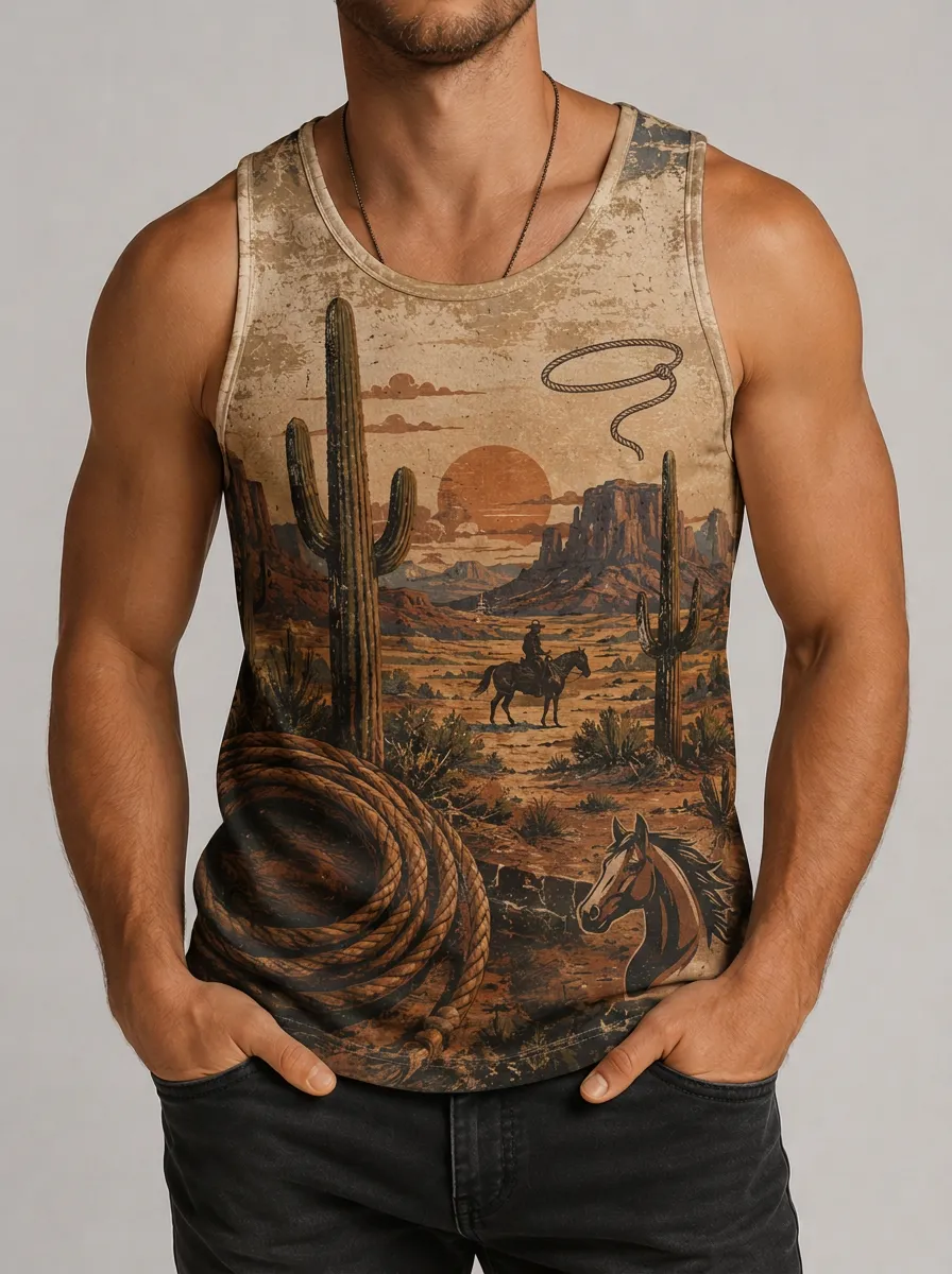 Men's Distressed Desert Graphic Print Tank Top
