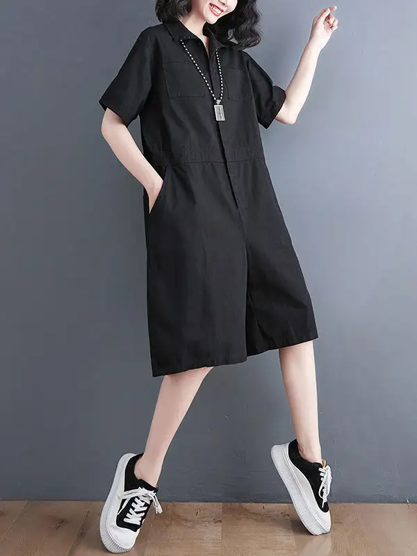 Eenvoudige Jumpsuits Met Effen Kleur En Revers Korte