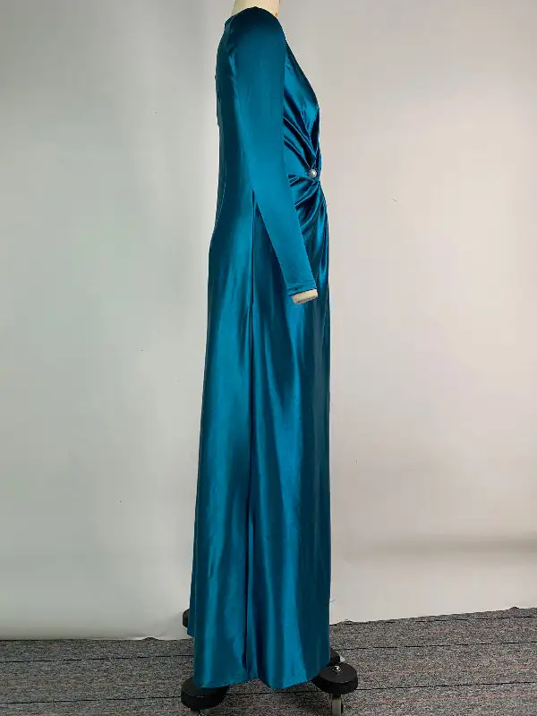 Front Pleated Long Neck Maxi Dress