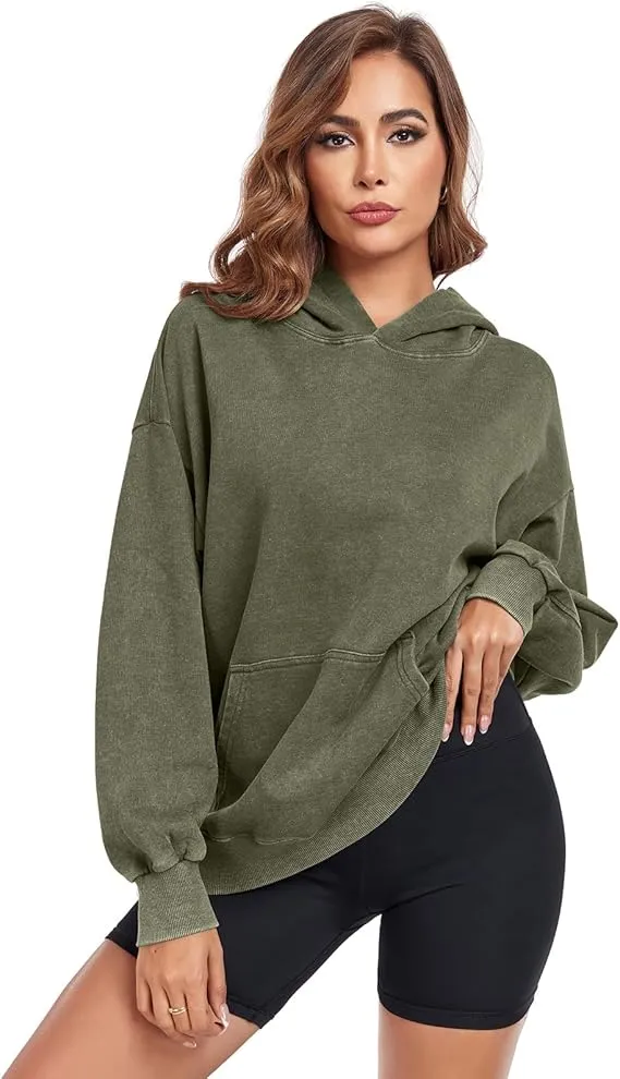 Women's Oversized Acid Wash Cotton Hoodie Minimalist Design Loose Fit with Kangaroo Pocket