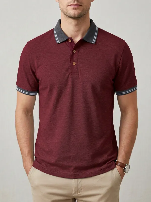 Men's Contrast-Collar Stripe Trim Polo Shirt