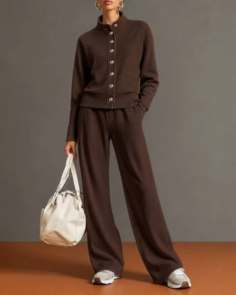 Button Cardigan and Wide-Leg Sweatpants Set