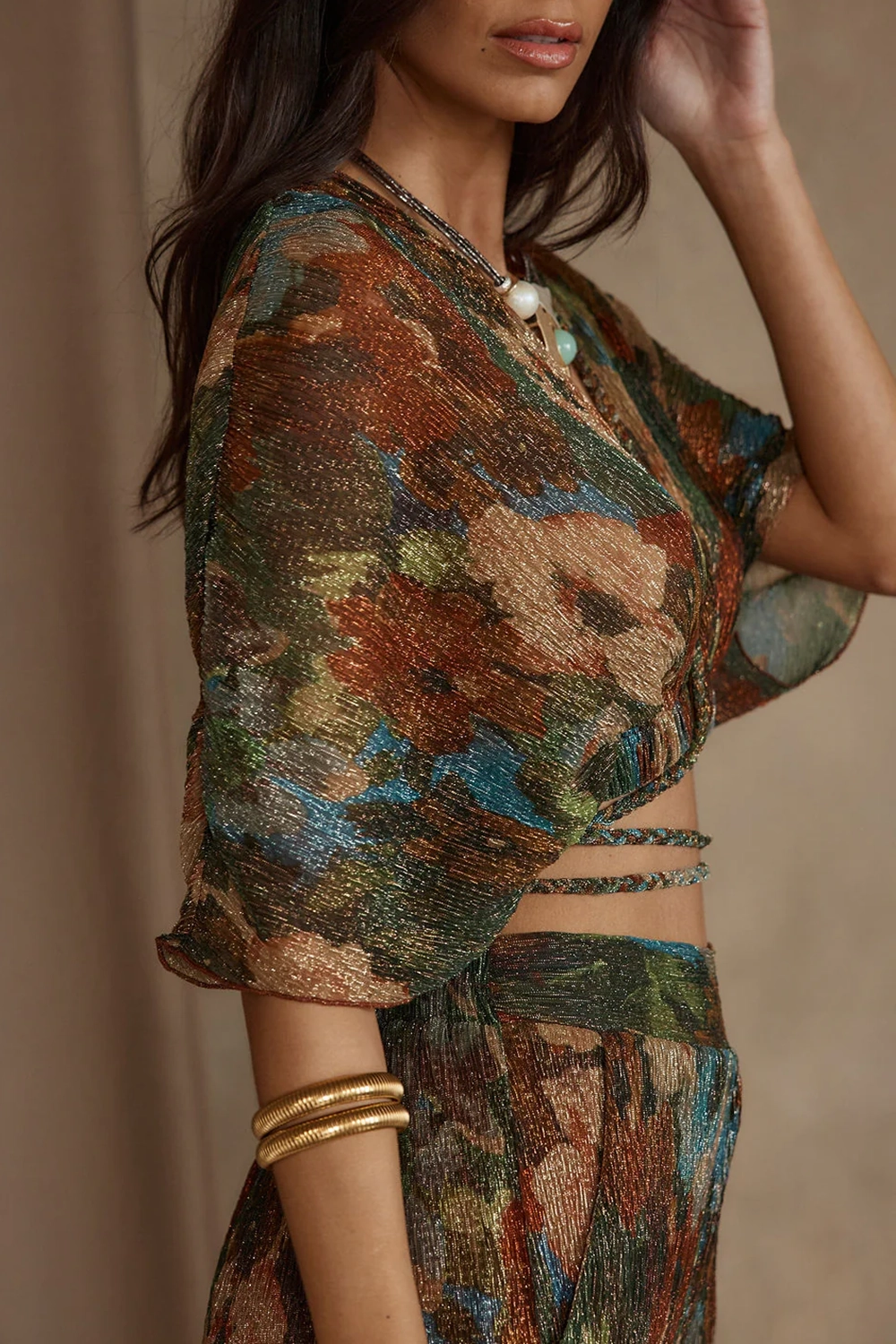 Multicolor Metallic Floral Crop Top