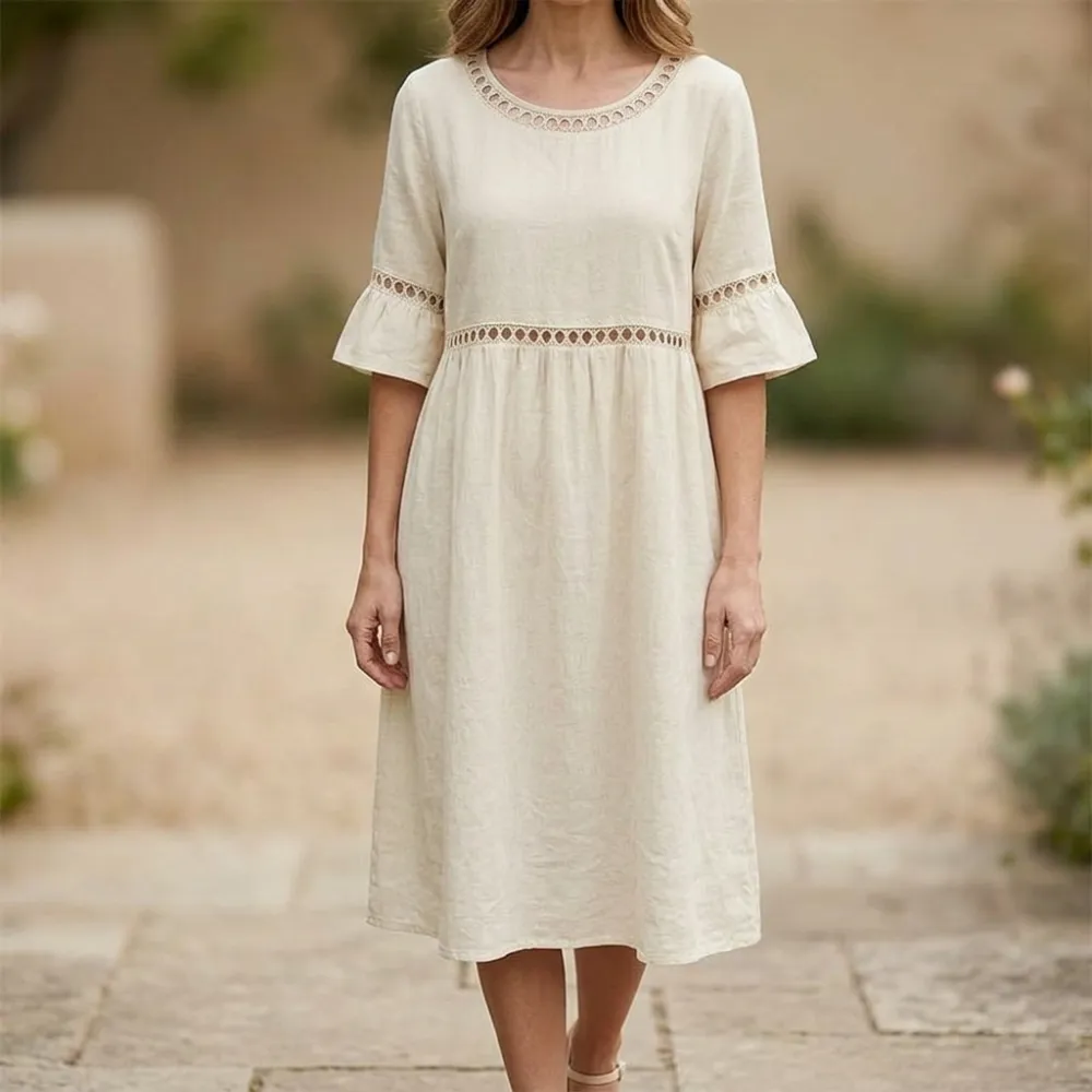 Lace Trim Linen Blend Cotton Blend Midi Dress