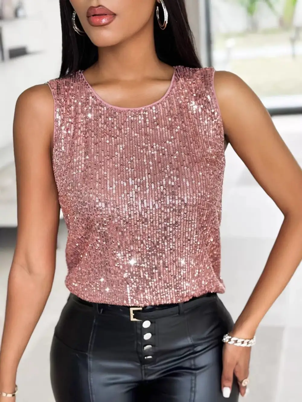 Refined Round-Neck Sequined Tank Top