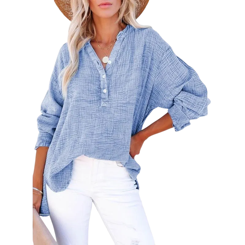 Women's Casual Button V Neck Long Sleeve