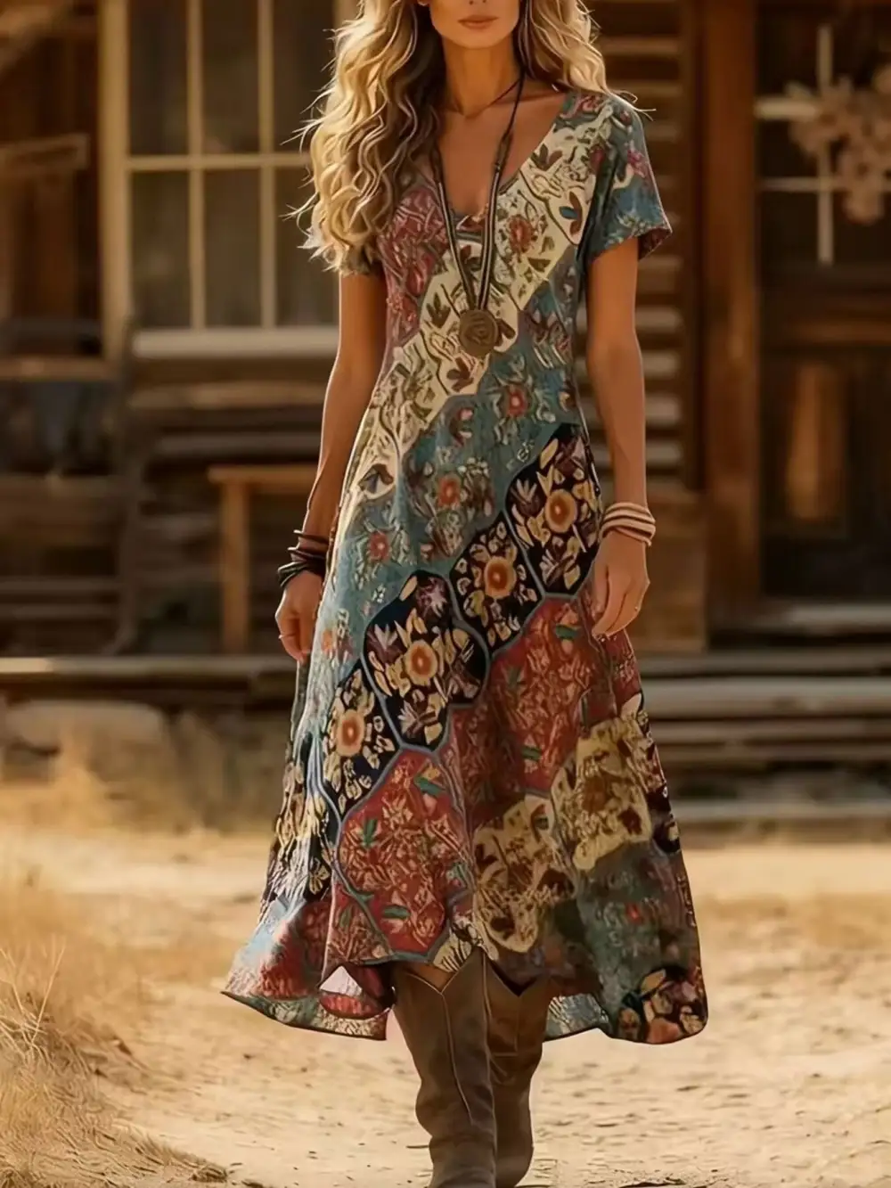 Neck V-Neck Short Sleeve Midi Dress