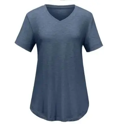 Women's Casual V-Neck Solid Color T-Shirt with Curved Hem