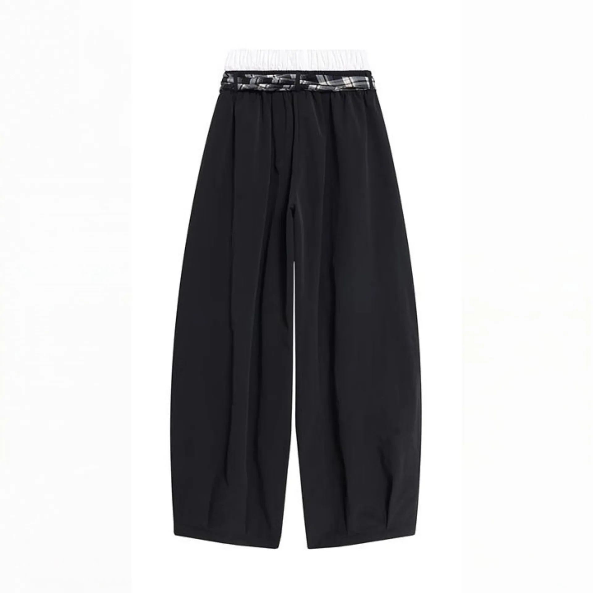 Embroidered Ruched Wide-Leg Pants with Plaid Scarf