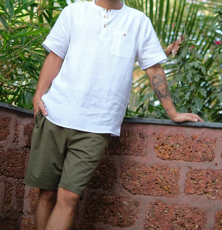 Pearl White Linen Band Collar Shirt