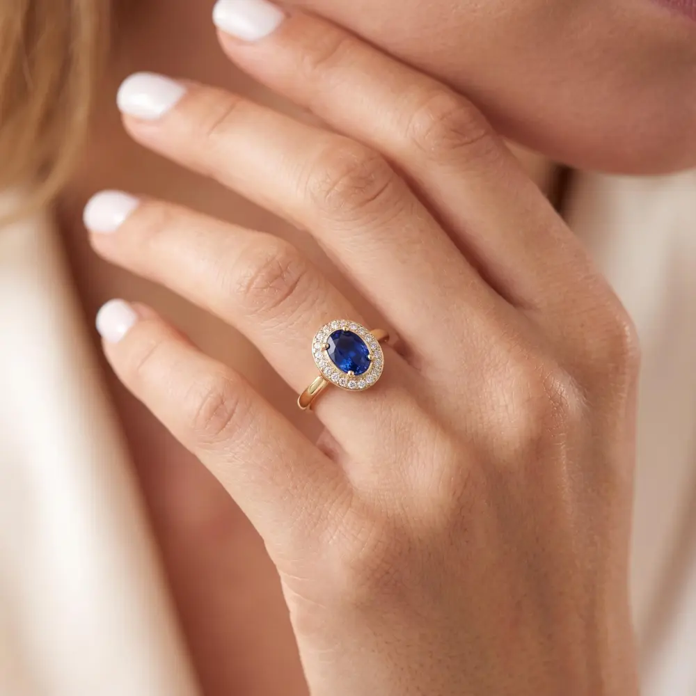 Simulated Sapphire Oval Halo Ring
