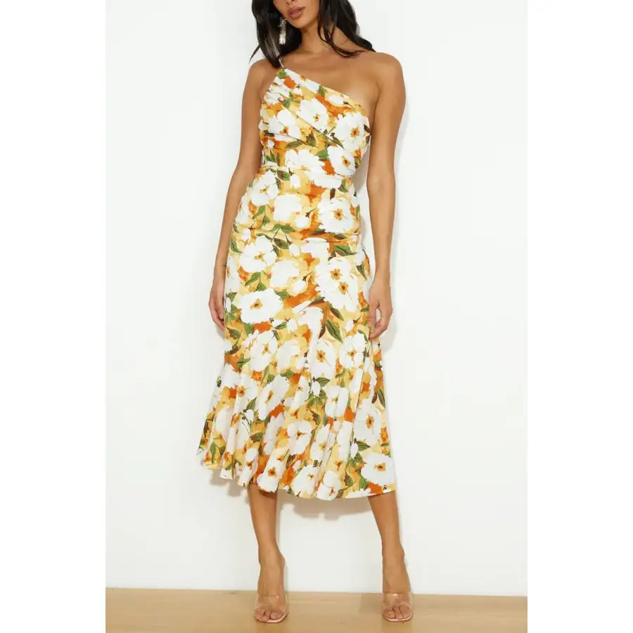 Dress Ruched Single Shoulder Midi Dress
