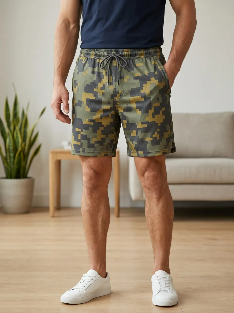 Men's Military Style Digital Camo Printed Athletic Shorts
