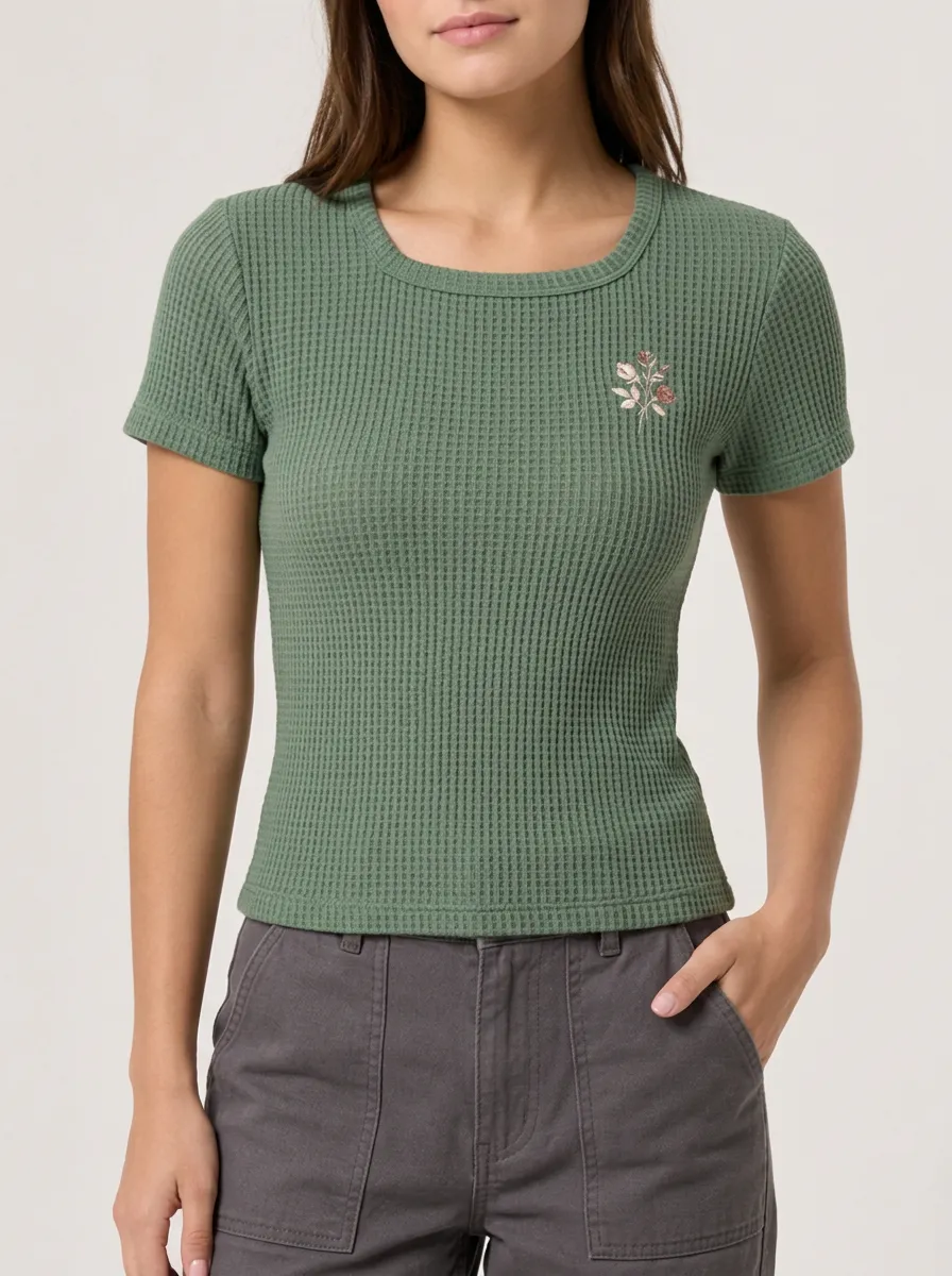 Women's Floral Waffle Knit Small Rose Printed Top