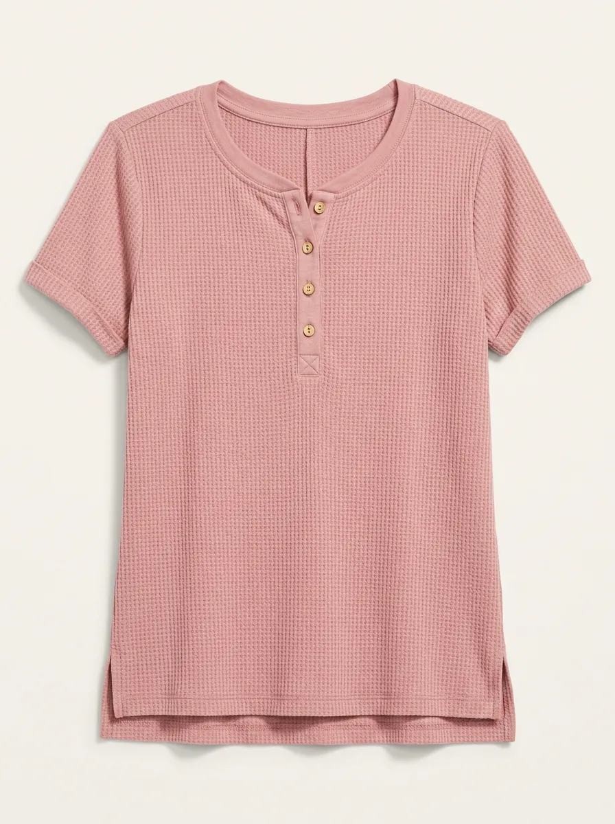 Women's Dusty Rose Waffle-Knit Henley Top