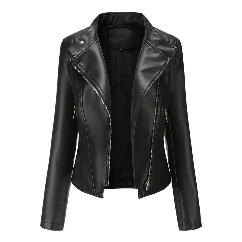 Relaxed Lapel Faux-Leather Leather Casual Outerwear Jacket