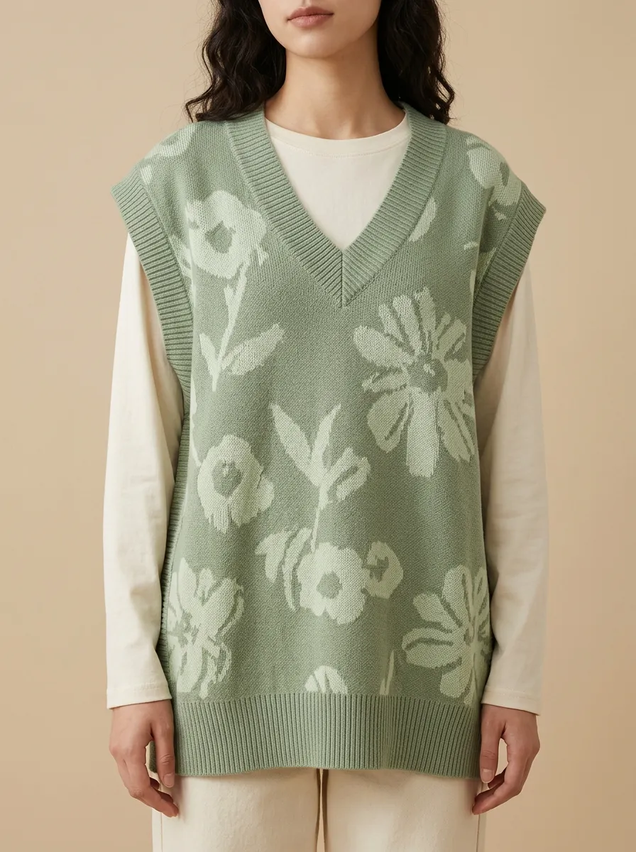 Floral Jacquard Textured Sweater Vest