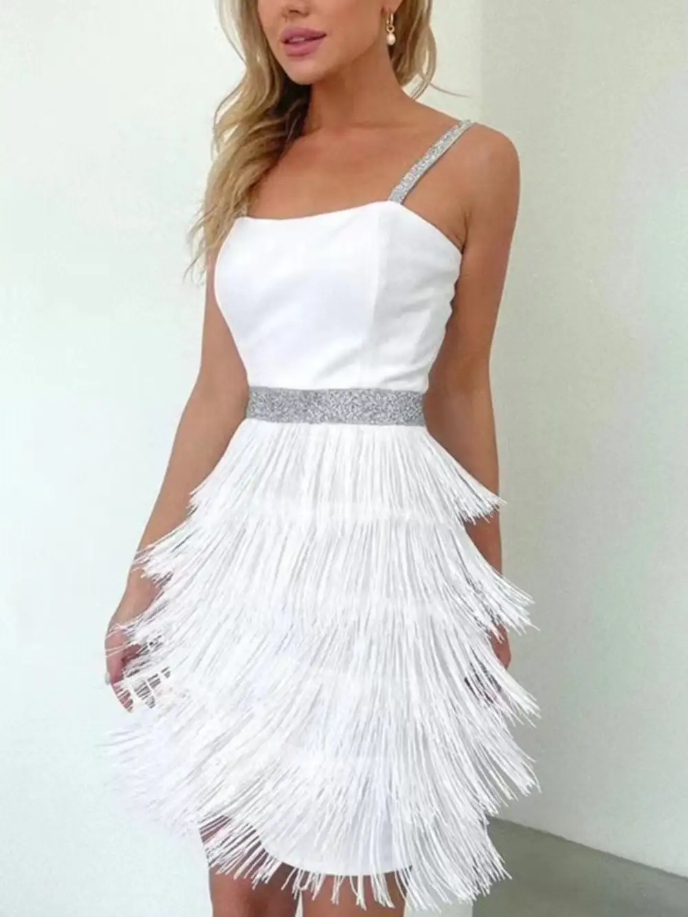 Gathered Detail Fringe Mini Dress