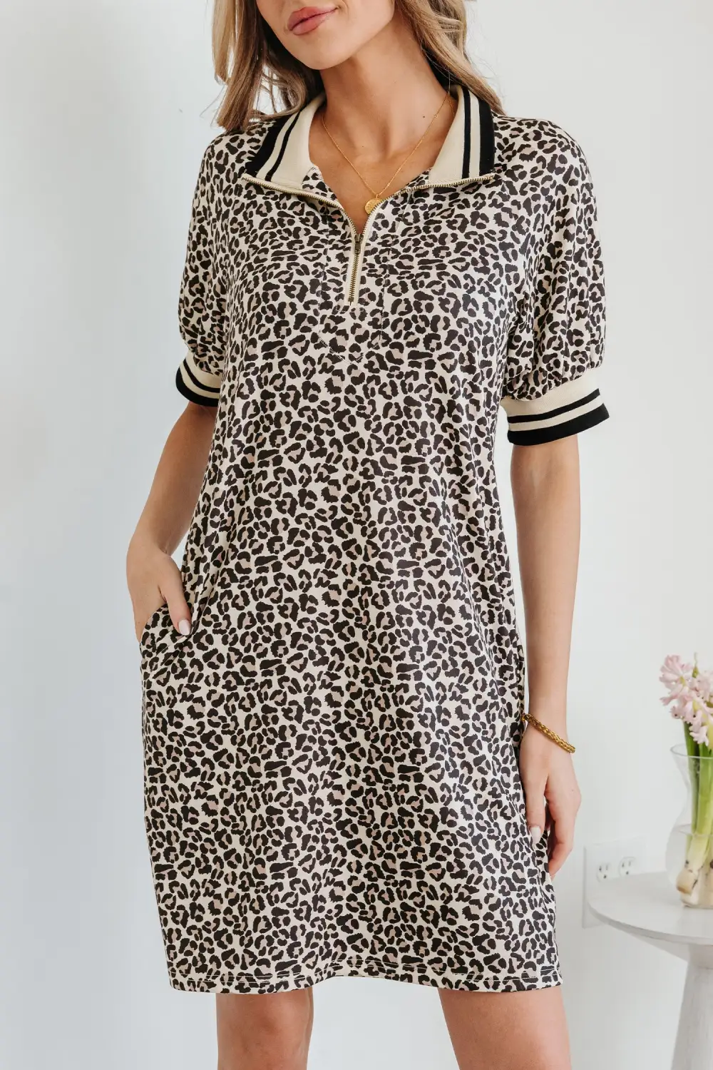 Striped Animal Print Zip Front Mini Dress