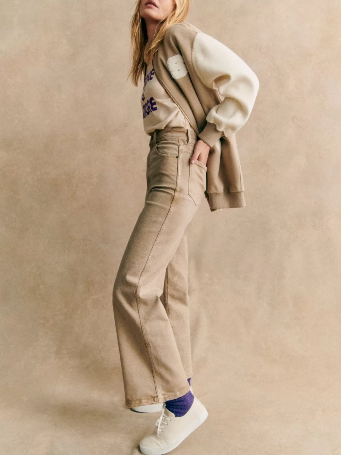 Beige Color Blocked Varsity Jacket